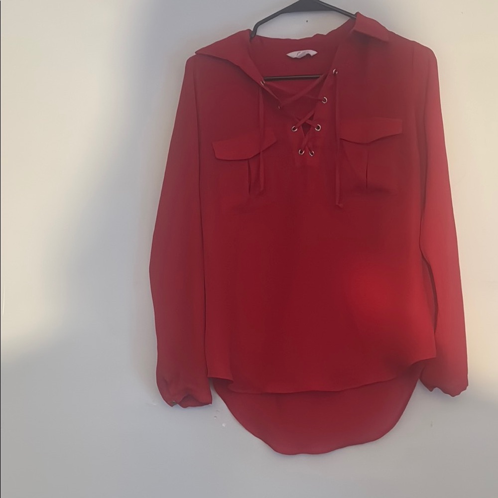 Red Long Sleeve Tie Front Blouse with Sailor Collar